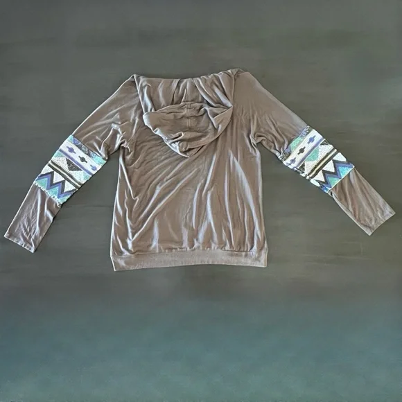 Bo Bel Taupe Copper Blue Aqua White Sequin Geo Relaxed Fit Hoodie Sweatshirt M - Picture 2 of 3